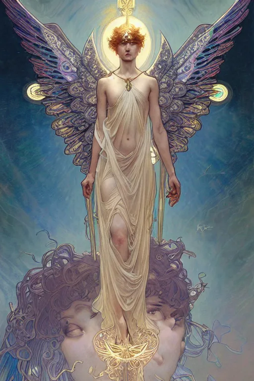 Image similar to Tarot card of an angel girl with glowing halo and highly detailed intricate wings, art nouveau, fantasy, intricate, elegant, highly detailed, digital painting, artstation, concept art, smooth, sharp focus, illustration, art by Krenz Cushart and Artem Demura and alphonse mucha