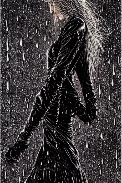 Prompt: dreamy gothic girl, black leather slim dress, chains and knifes, strong rain night, beautiful body, detailed acrylic, grunge, intricate complexity, by dan mumford and by alberto giacometti, peter lindbergh