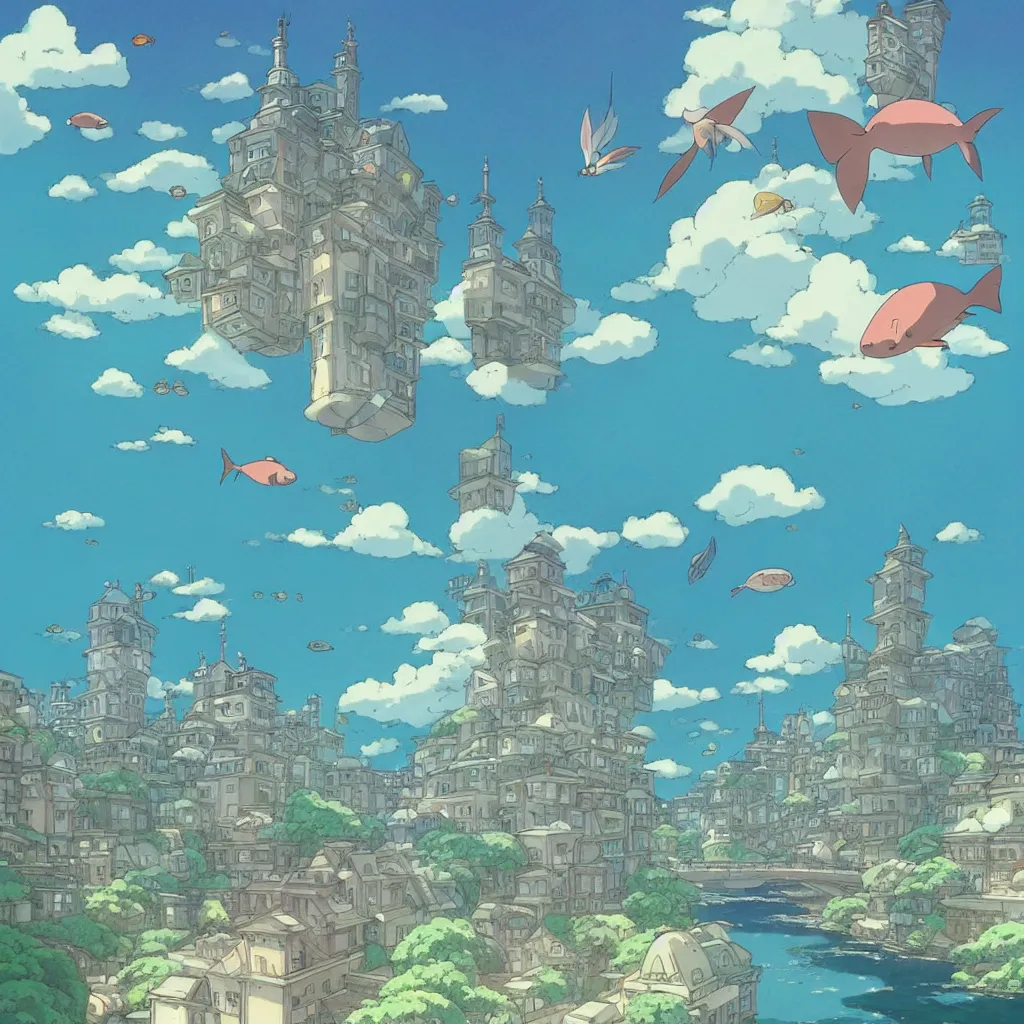 Prompt: a beautiful movie still in the style of Studio Ghibli anime showing fish flying through a city. Studio Ghibli, trending on artstation