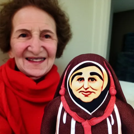 Image similar to portrait of a babushka with collectible miniature handmade john oliver doll