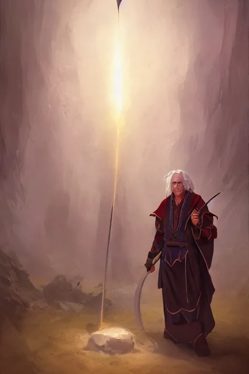 Prompt: An awesome full body portrait painting of Raistlin Majere with the Staff of Magius by Greg Rutkowski, Wizards of the Coast, Dragonlance, Craig Mullins, trending on Artstation.
