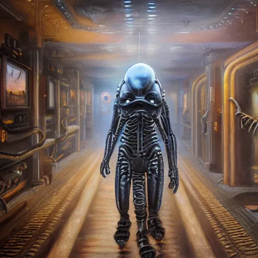 Prompt: alien machine walks through the center of a dallas, extremely detailed oil painting, 1 9 2 0's colored pencil, highly detailed, highly accurate, deep aesthetic, 8 k, highly ornate intricate details, cinematic lighting, rich colors, beautiful scenic view, ray tracing, hyperrealistic, photorealistic, cinematic landscape, trending on artstation, concept art,