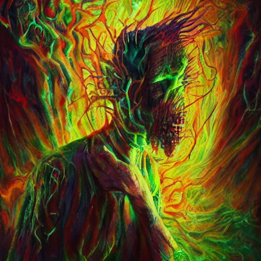 Image similar to Sleep Paralysis Demon, luminous, cracked oil painting, surrealism, conjuring psychedelic background, hypermaximalist, photo realistic