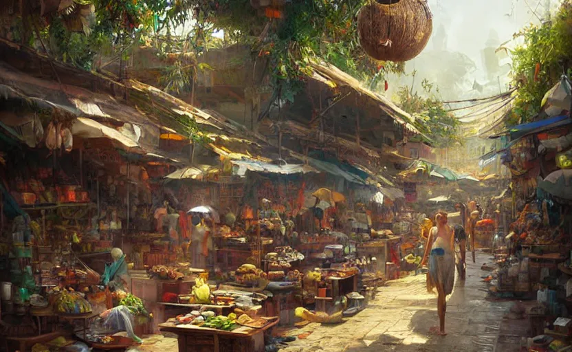 Prompt: a beautiful painting of a jungle market, Greg Rutkowski, digital art