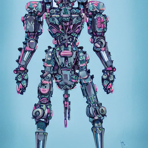 Prompt: symmetry, waterlily mobile combat suit floral robot, biomechanical, waterlily mecha nymphaea, detailed illustration, concept art, smooth, sharp focus, art by antoni gaudi