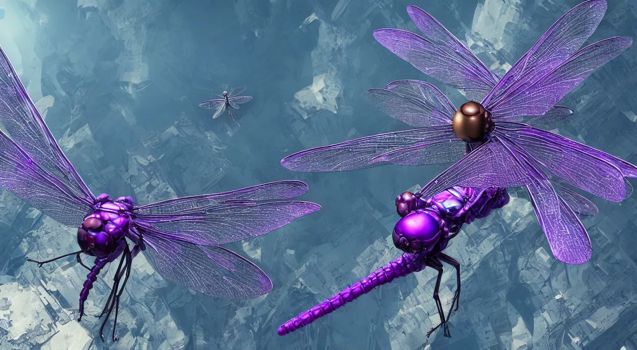 Prompt: a hi - resolution nature photograph of a dragonfly with wings made out of amethyst, flying over a cyber punk dystopian city. extremely detailed, mandelbulb 3 d, cinematic lighting