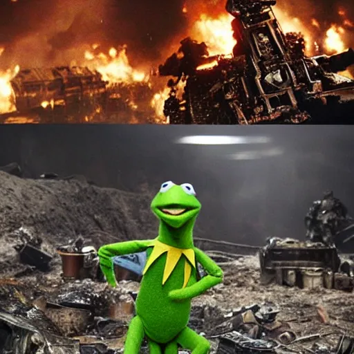 Image similar to action scene of kermit the frog in the movie Edge of Tomorrow (2014), highly detailed, highly textured, atmospheric, night, explosions futuristic