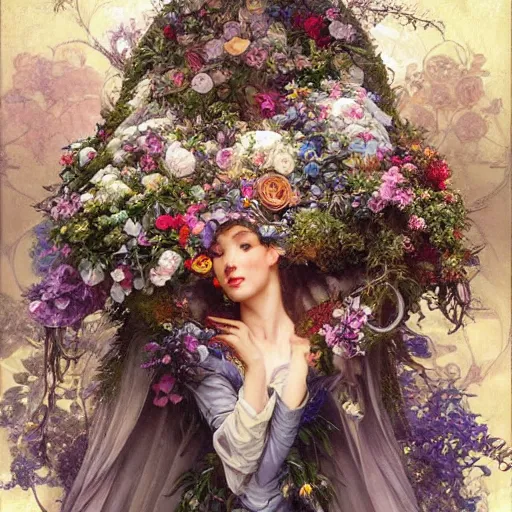 Image similar to an elaborate coffin with a mysterious sleeping beauty holding a large bouquet of flowing flowers, hands hidden under the bouquet, top view, fantasy, regal, intricate, by stanley artgerm lau, greg rutkowski, thomas kindkade, alphonse mucha, loish, norman rockwell