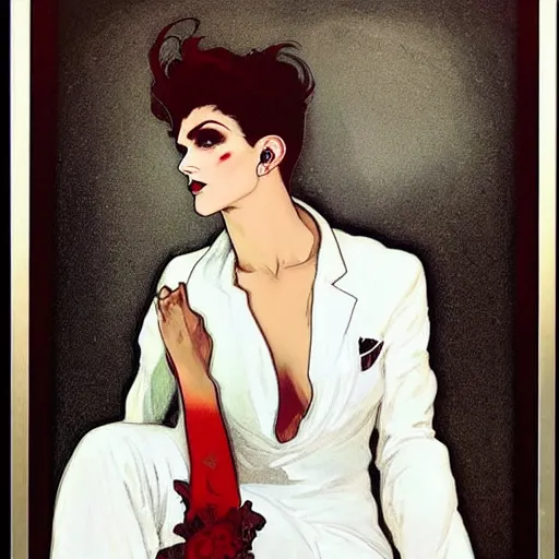 Prompt: alluring portrait of androgynous ruby rose as desire from sandman in a white tuxedo!!!, rockabilly style,, by alphonse mucha, by jeremy mann, by peter lindbergh, dave mckean, by frank moth, white suit and black tie, soft lightning, high detailed, 8 k