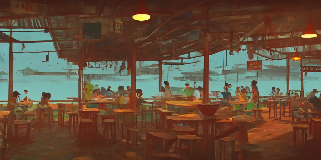 Image similar to interior of a kopitiam at pulau indah fishing village, near a jetty, early morning, detailed matte painting, low angle view, telephoto lens, bokeh, studio ghibli, artstation