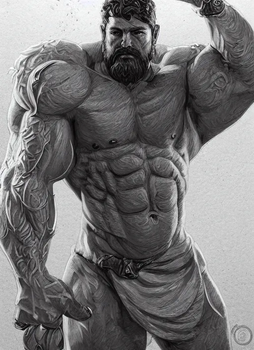 Prompt: a highly detailed illustration of short haired shirtless bearded god, heroically flexing bodybuilding pose, muscular, intricate, elegant, highly detailed, centered, digital painting, artstation, concept art, smooth, sharp focus, league of legends concept art, WLOP