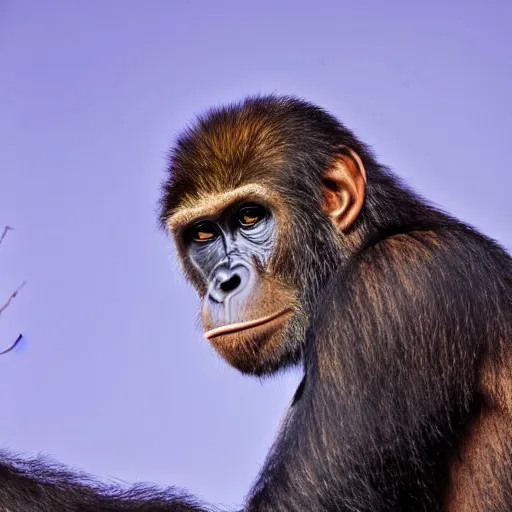 Prompt: portrait photo, rim light around fur of an ape on a tree, silhoutte, dim light, golden hour, tree top, dslr award winning photo, nikon