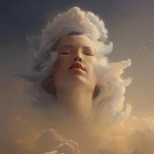 Prompt: a beautiful portrait of a cloud goddess with clouds and tiny birds flying in the background and closed eyes by Greg Rutkowski and Raymond Swanland, Trending on Artstation, ultra realistic digital art