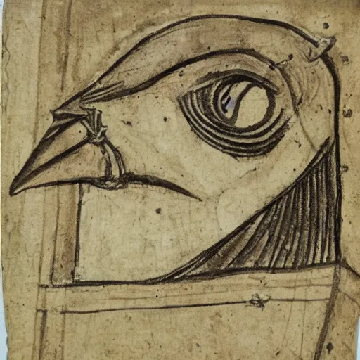 Image similar to medieval sketch of an exhausted anthropomorphic bird