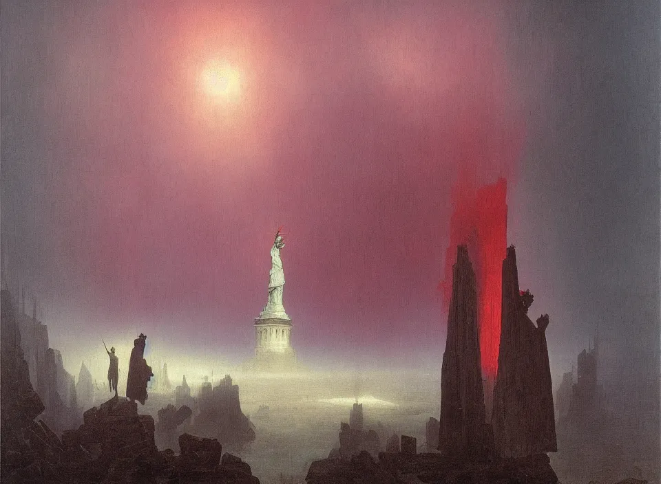 Image similar to the blind liberty of the few, red and purple palette, volume light, fog, by caspar david friedrich by ( h. r. giger ) and paul lehr