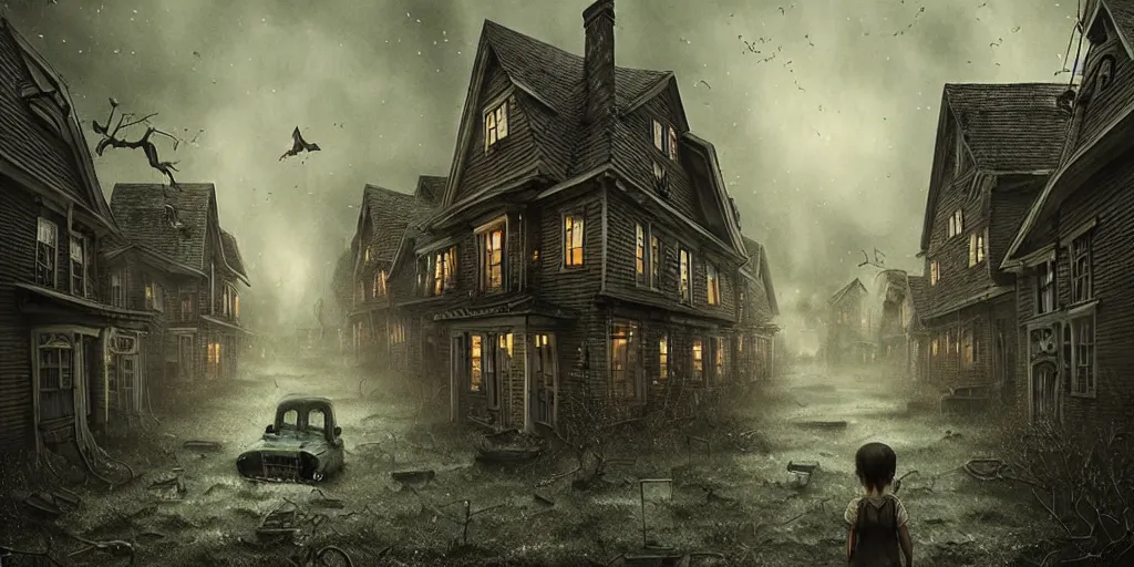 Image similar to Stunning 35mm empty town by Ejsing, Jesper. Full of ghostly children floating above the houses, photography, surrealism, dark, fantasy, Digital Art, Crewdson, Gregory