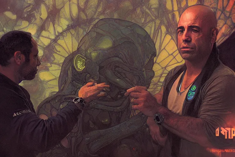 Image similar to joe rogan interviewing an alien, octane render, by greg rutkowski, alphonse mucha, artgerm