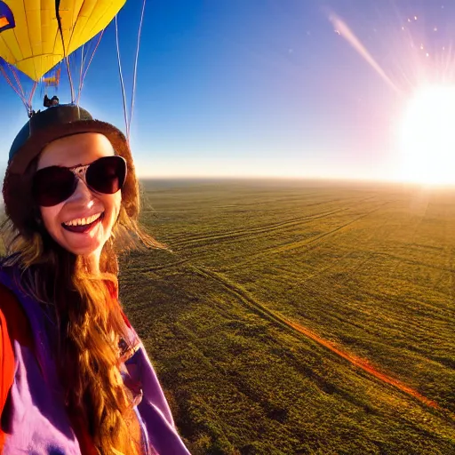 Image similar to smiling hippy squints into the sunlight horizon, hot air balloon ride, flying camp, camp gear, hippy belongings, a old guitar, cozy place, flying high, aerial view, gradient aperture