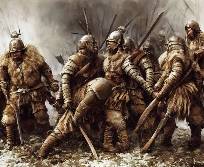 Prompt: a small garrison of barbarian men dressing for battle, art by denys tsiperko and bogdan rezunenko, hyperrealism