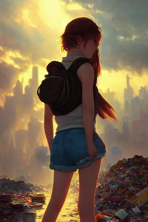 Prompt: beauty teenage girl minishort with backpack looking at food at garbage dump, destroyed cars, city is pure wasteland, moody sunset background, rays of sunlights, ( ( ( rainbow ) ) ), high details, sharp, photorealism, cinematic, greg rutkowski, alphonse mucha, trending on artstation, artgerm, unreal engine, highly detailed