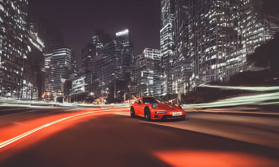 Image similar to photo of a porsche 911 at night driving fast through a city, cinematic, 4k, long exposure photography