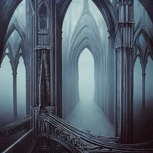 Prompt: explosion bridge, ruins, dark fantasy, arch bridge, neogothic architecture, symmetry, poster design, zdzisław beksiński, hr giger, occult mystical symbols in real life, high detail, blue fog