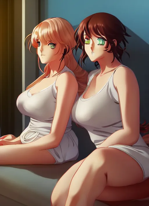 Image similar to two beautiful mothers in a summer home, gorgeous faces, thick lines, cinematic lighting, detailed anime art