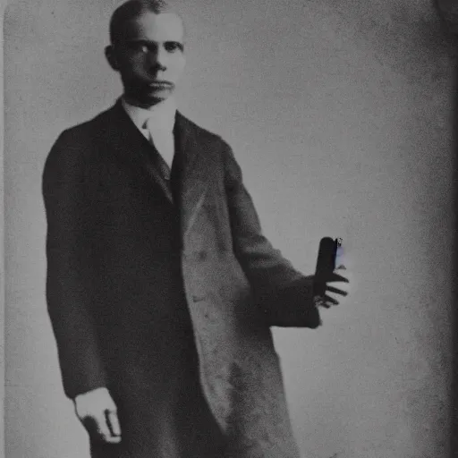 Prompt: man in 1 9 2 0 on iphone, black and white photograph