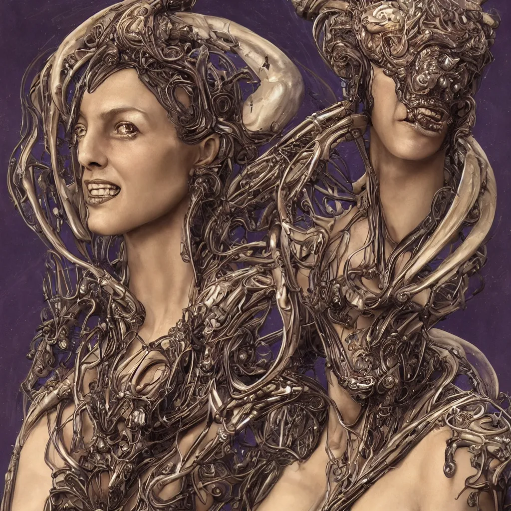 Image similar to a stunning art nouveau bust portrait of a beautiful and complex alien queen with strong confident eyes and a playful smile, sensual frontal declotage, perfect symmetrical facial features, extremely hyperdetailed, mixed media painting, unreal engine, 8 k, octane, 8 mm, by travis charest, chris achilleos and olivia de bernardinis