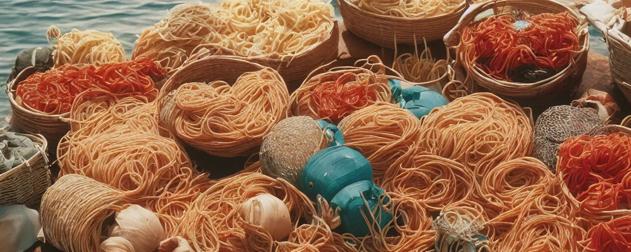 Image similar to 1 7 th century ocean trade of, spaghetti in baskets, canon 5 0 mm, kodachrome, in the style of wes anderson, retro