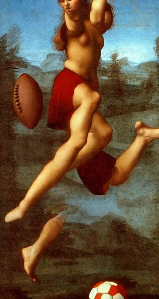 Image similar to Olivia Newton-John playing football by Leonardo da Vinci