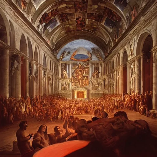 Image similar to the sistine chapel's ceiling broken open, a red portal from hell opens up, lucifer in portal with demons, priests and pope look at the scene with terror. highly detailed painting by gaston bussiere, greg rutkowski, 4 k