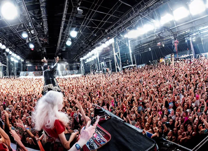 Image similar to photo still of queen elizabeth on stage at vans warped tour!!!!!!!! at age 7 0 years old 7 0 years of age!!!!!!! stage diving into the crowd, 8 k, 8 5 mm f 1. 8, studio lighting, rim light, right side key light