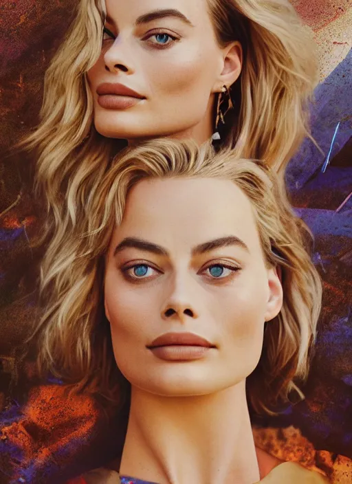 Prompt: beautiful Margot Robbie in a Solarpunk blouse, accurate anatomy, abstract sun in background, shiny soft skin, soft lighting, sharp details, warm colors, full body portrait, 35 mm film, subsurface scattering, lens flare