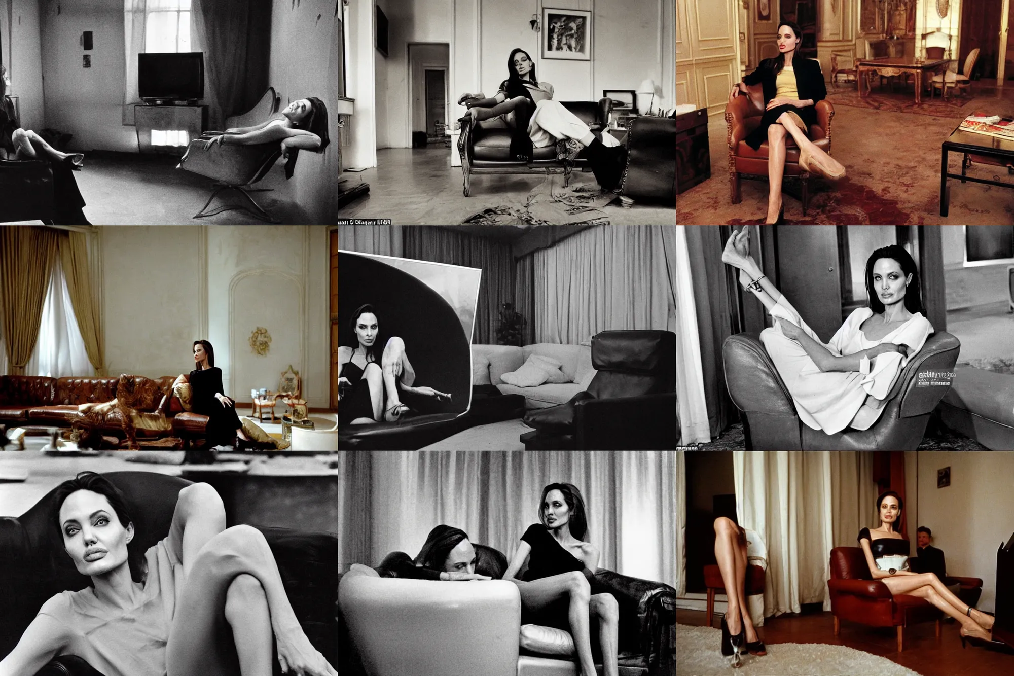 Prompt: angelina jolie lies in beautiful clothes sits on a leather armchair and watches tv, soviet interior, soviet apartment of a citizen of the ussr, photo 1 9 9 0 s