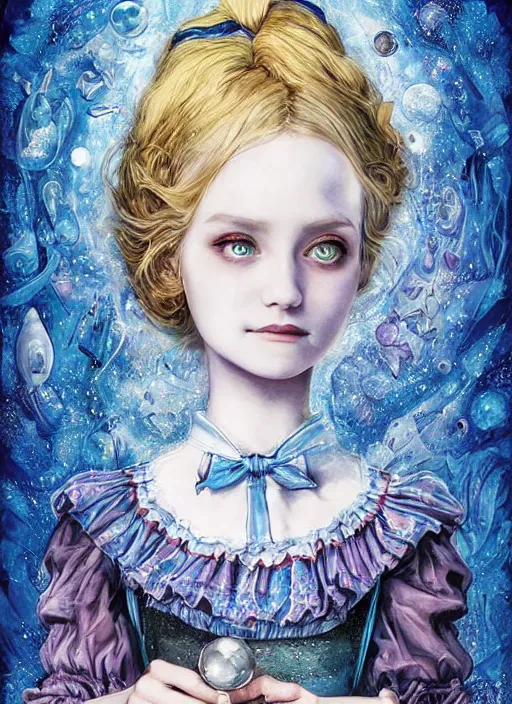 Prompt: alice in wonderland, young girl in blue dress with white apron, lolitastyle, clear symmetrical face portrait, fantasy, victorian gothic, cosmic energy, kaleidoscope, psychedelic, by tim burton, hiroshi yoshida, yoshitaka amano, tim burton, shaun tan, artgerm