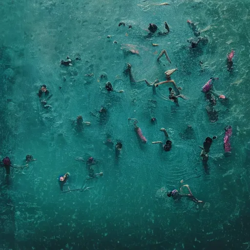 Prompt: aerial view of children and women swimming in an iridescent tide at the edge of a disaused factory faded, depth of field, ultra realistic, very detailed, glitch, by nadav kander, 8 k hyper realistic detailed cinematic