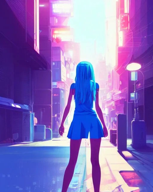Prompt: digital illustration of cyberpunk pretty girl with blue hair, beautiful blue eyes, wearing a short mini skirt and tank top, in city street at night, by makoto shinkai, ilya kuvshinov, lois van baarle, rossdraws, basquiat