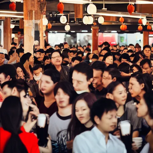 Image similar to photo of a crowd of people drinking boba milk tea staring at the camera, hyperrealistic, 4 k