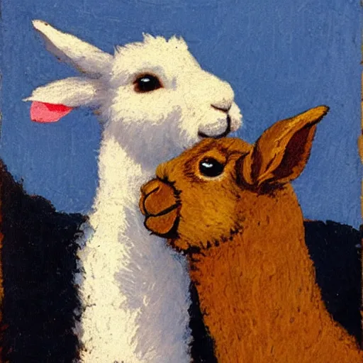 Prompt: a rabbit kissing an alpaca's cheek in the style of gifford beal