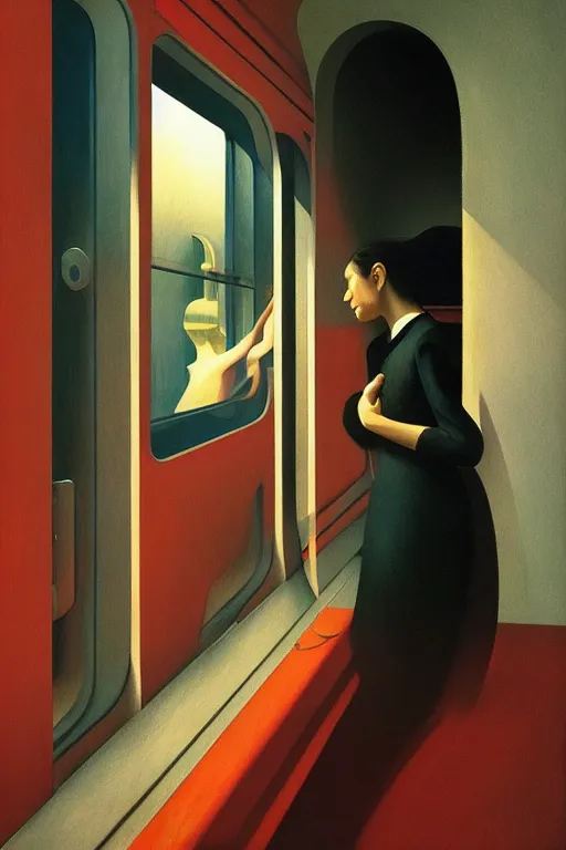 Image similar to woman put the train through her head Edward Hopper and James Gilleard, Zdzislaw Beksisnski, higly detailed