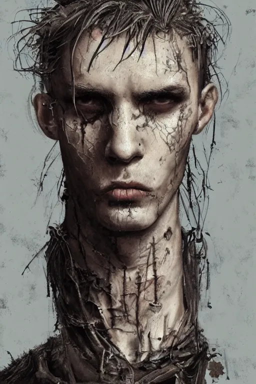 Image similar to a rough ugly young man, shaved head, gothic, tattered leather coat, intricate, elegant, dramatic lighting, ugly face, highly detailed, lifelike, photorealistic, digital painting, artstation, illustration, concept art, smooth, sharp focus, art by John Collier and Albert Aublet and Krenz Cushart and Artem Demura and Alphonse Mucha