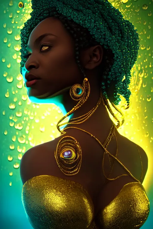 Image similar to hyperrealistic post rococo cinematic very expressive! black oshun goddess, in water up to her shoulders, mirror dripping droplet!, gold flowers, highly detailed face, digital art masterpiece, smooth eric zener cam de leon dramatic pearlescent volumetric teal light, wide shot, high angle uhd 8 k, sharp focus