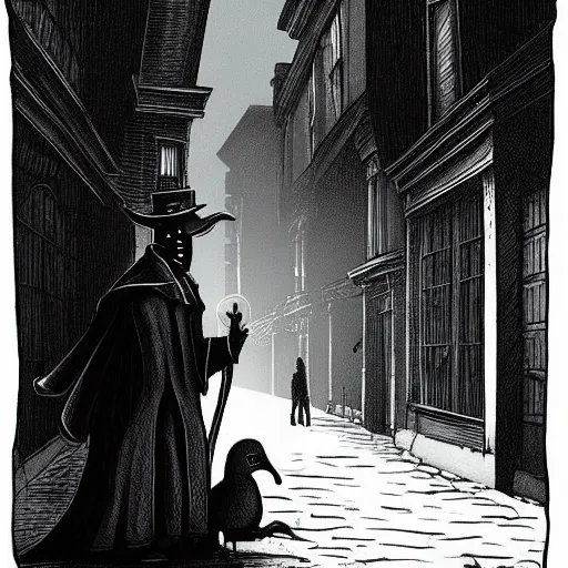 Image similar to a plague doctor walks through a Victorian city, dark atmosphere, detailed, dark Colors