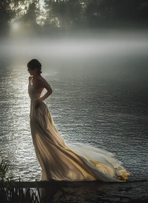 Image similar to symmetry!! a 2 8 mm macro photo of a woman in a formal gown emerging from a lake, misty, morning, splash art, movie still, bokeh, canon 5 0 mm, cinematic lighting, dramatic, film, photography, golden hour, depth of field, award - winning, anamorphic lens flare, 8 k, hyper detailed, 3 5 mm film grain