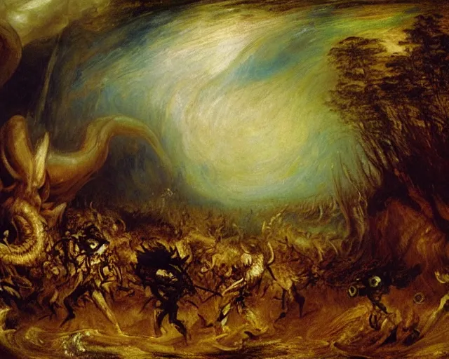 Prompt: an oil painting of cthulhu fighting an army in a forest, turner