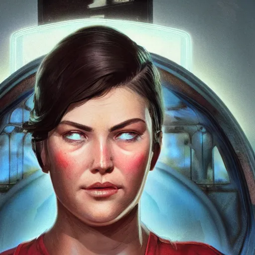 Image similar to portrait of a brunette chubby woman with blue eyes in fallout 4, light stubble with red shirt inside victorian mansion praying to god ,digital art,photorealistoc,art by greg rutkowski,hyperdetailed,western comic style,comic,comic style,sharp lineart,professional lighting,deviantart,artstation,trevor henderson,rossdtaws,cinematic,dramatic