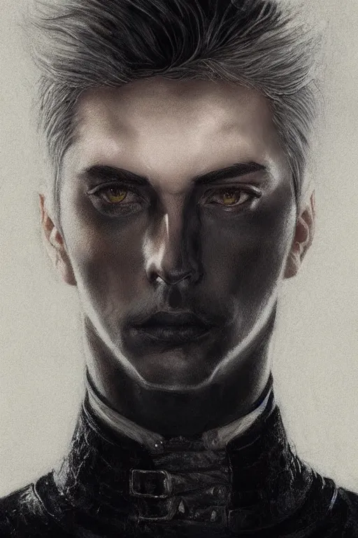 Prompt: a handsome man, short white hair, goth, intricate, elegant, dramatic lighting, gorgeous face, black leather jacket, highly detailed, lifelike, photorealistic, digital painting, artstation, illustration, concept art, smooth, sharp focus, art by John Collier and Albert Aublet and Krenz Cushart and Artem Demura and Alphonse Mucha