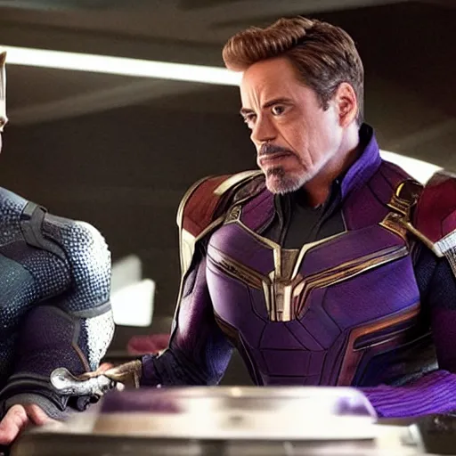 Prompt: robert downey jr. with thanos in avengers endgame