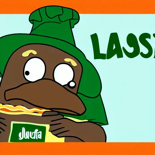 Prompt: cute platypus wearing a chef hat and holding a lasagna with three basil leaves over the lasagna